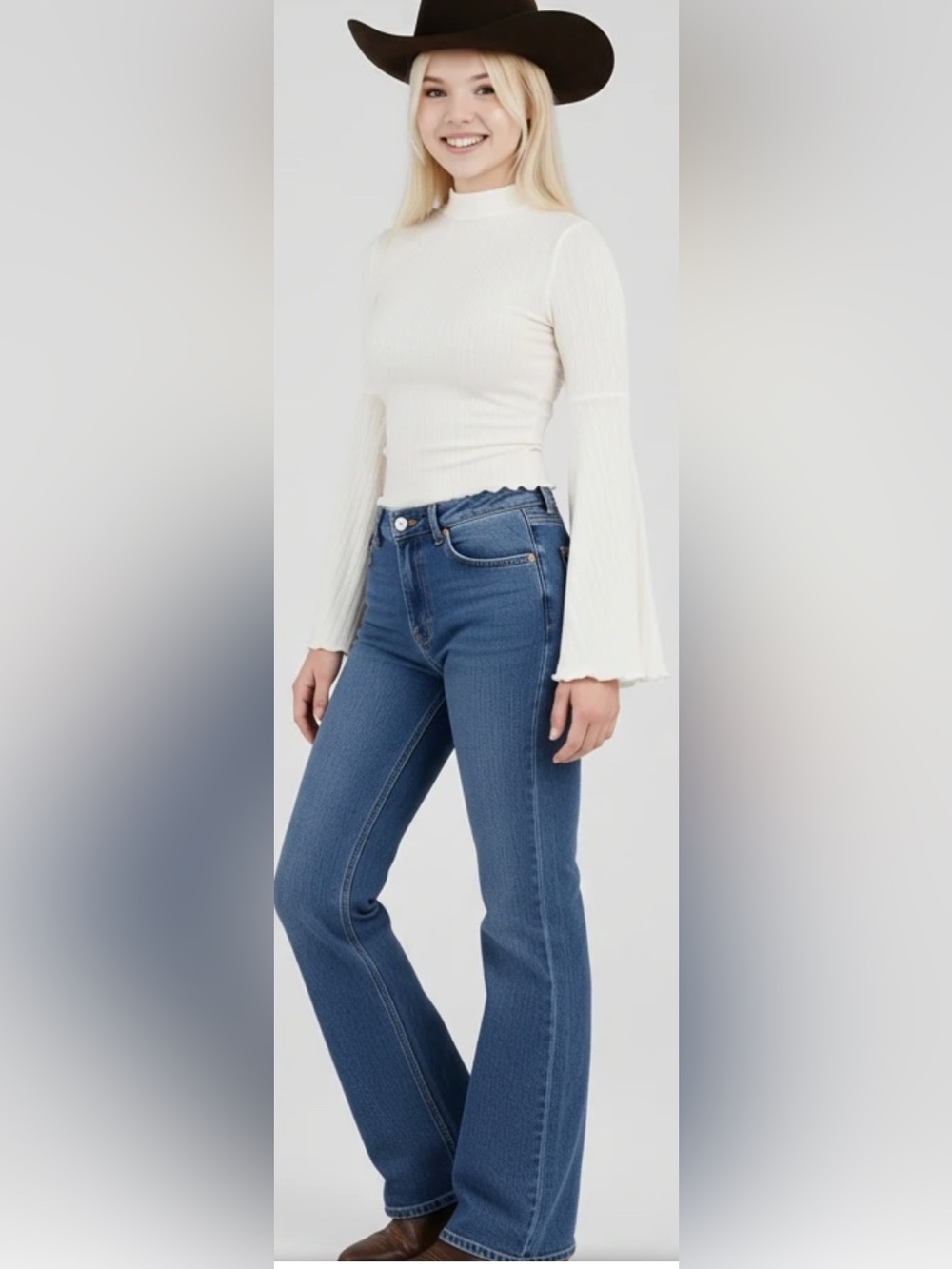 Shyanne Women's Mock Neck Long Bell Sleeve Ribbed Stretchy Top